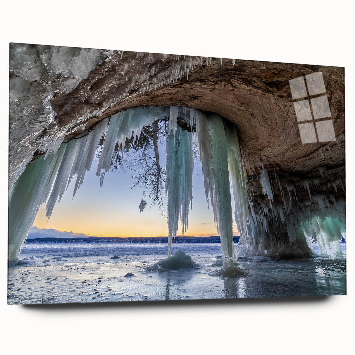 Acrylic print of a large abstract depiction of Michigan’s Upper Peninsula in muted earth tones.