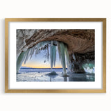 Extra large abstract art print of Michigan's Upper Peninsula in textured gold frame, ideal for living room decor.