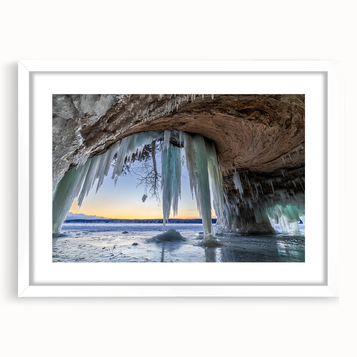 Abstract art print depicting Michigan's Upper Peninsula in muted earth tones on a framed white mat.