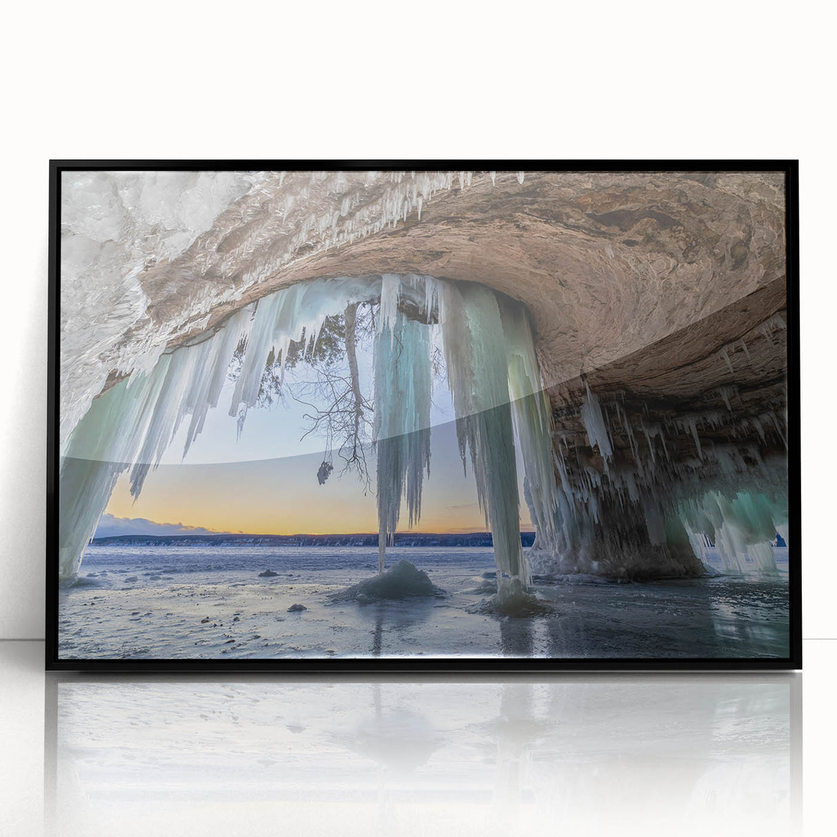 Framed acrylic print of a large abstract wall art depicting Michigan's Upper Peninsula in mid-century modernist style with…