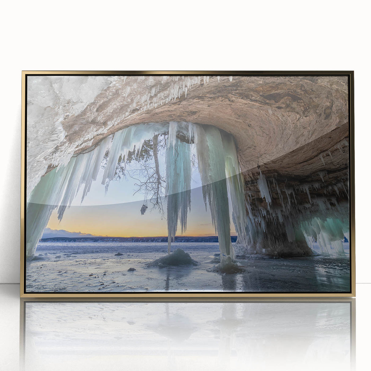 Framed acrylic print of a serene Michigan Upper Peninsula landscape in soft earth tones, ideal for modern art wall decor.