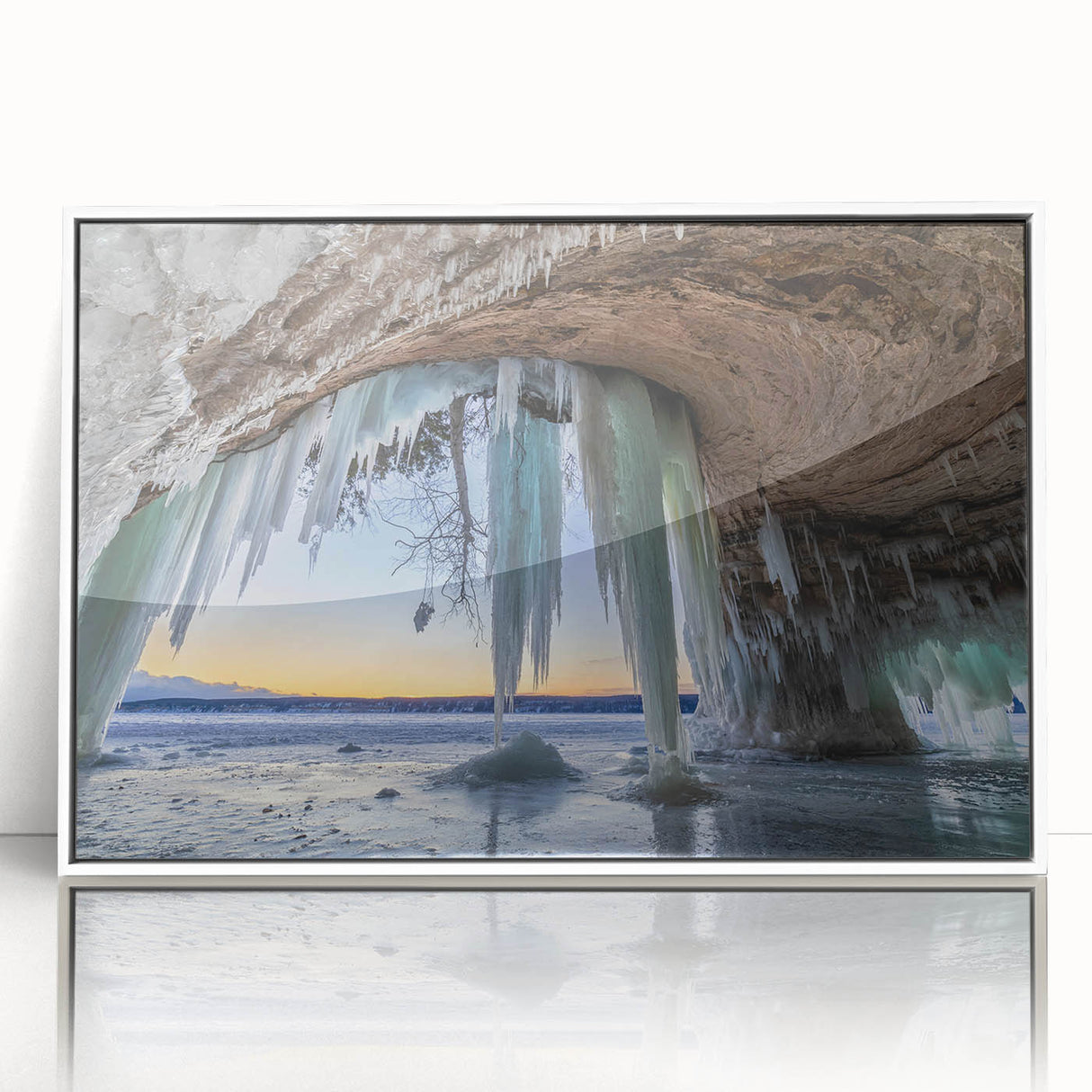Acrylic print of a serene Michigan Upper Peninsula landscape, framed in white.