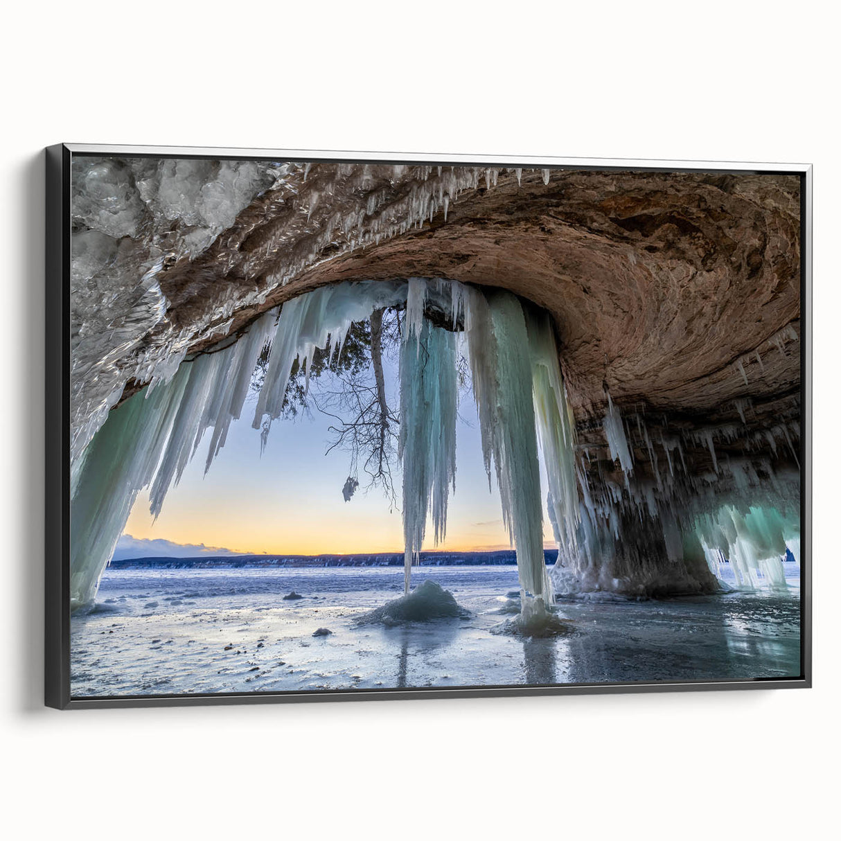 Black and white landscape art painting of Michigan's Upper Peninsula on a framed canvas, ideal for bedroom decor.