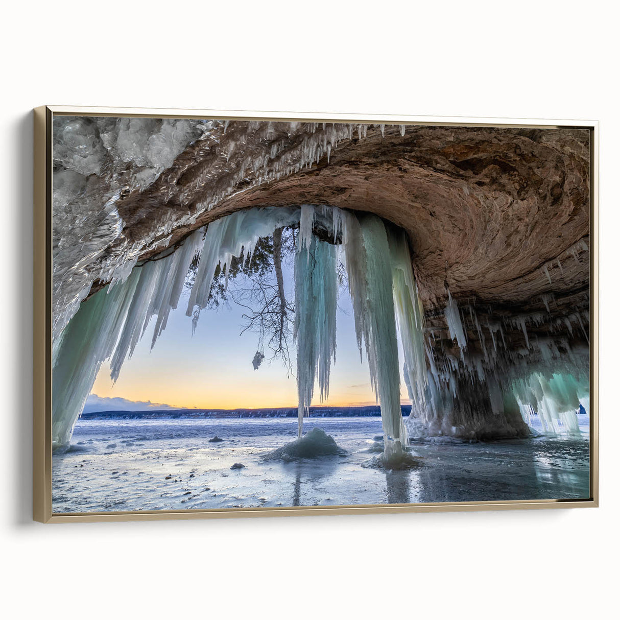 Framed canvas wall art depicting a vintage-style landscape of Michigan's Upper Peninsula in muted earth tones.