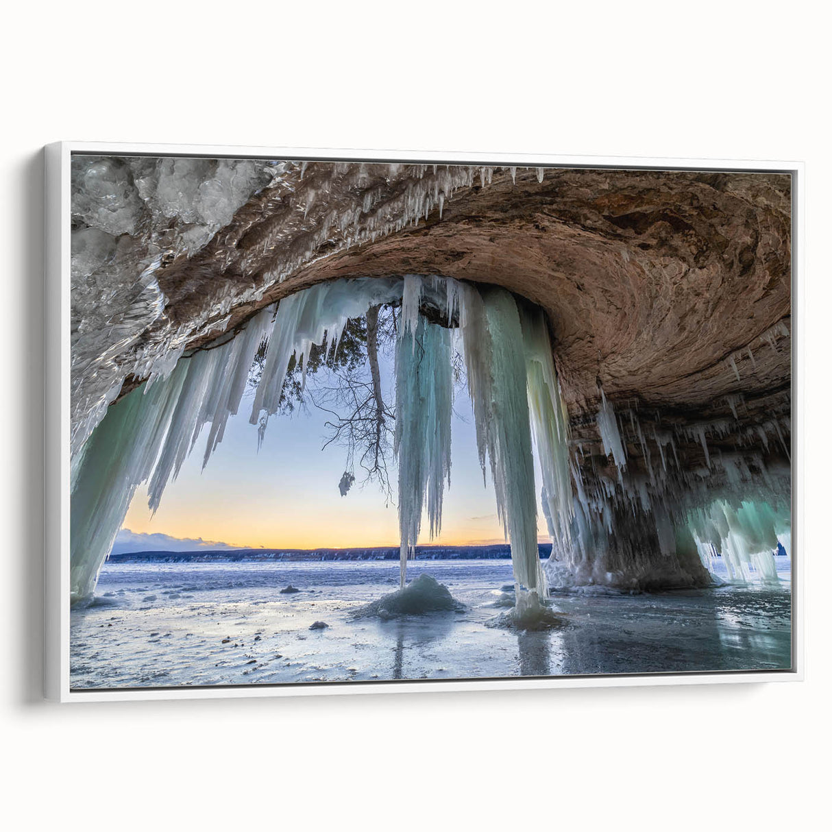 Vintage poster art of Michigan's Upper Peninsula in colorful hues on a large framed canvas, ideal for living room decor.