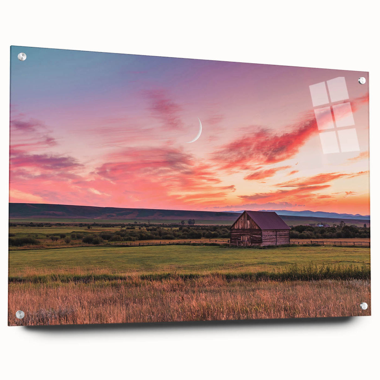 Acrylic print of a Montana landscape with vivid green and blue tones, suitable for bedroom or dining room decor.