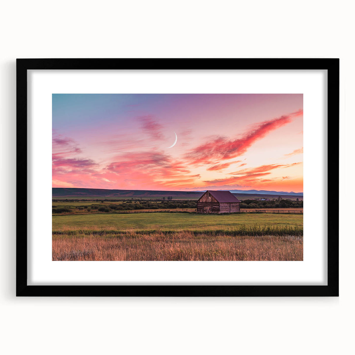Extra large, textured abstract art print featuring vibrant, colorful depiction of Montana scenery on a framed black canvas.