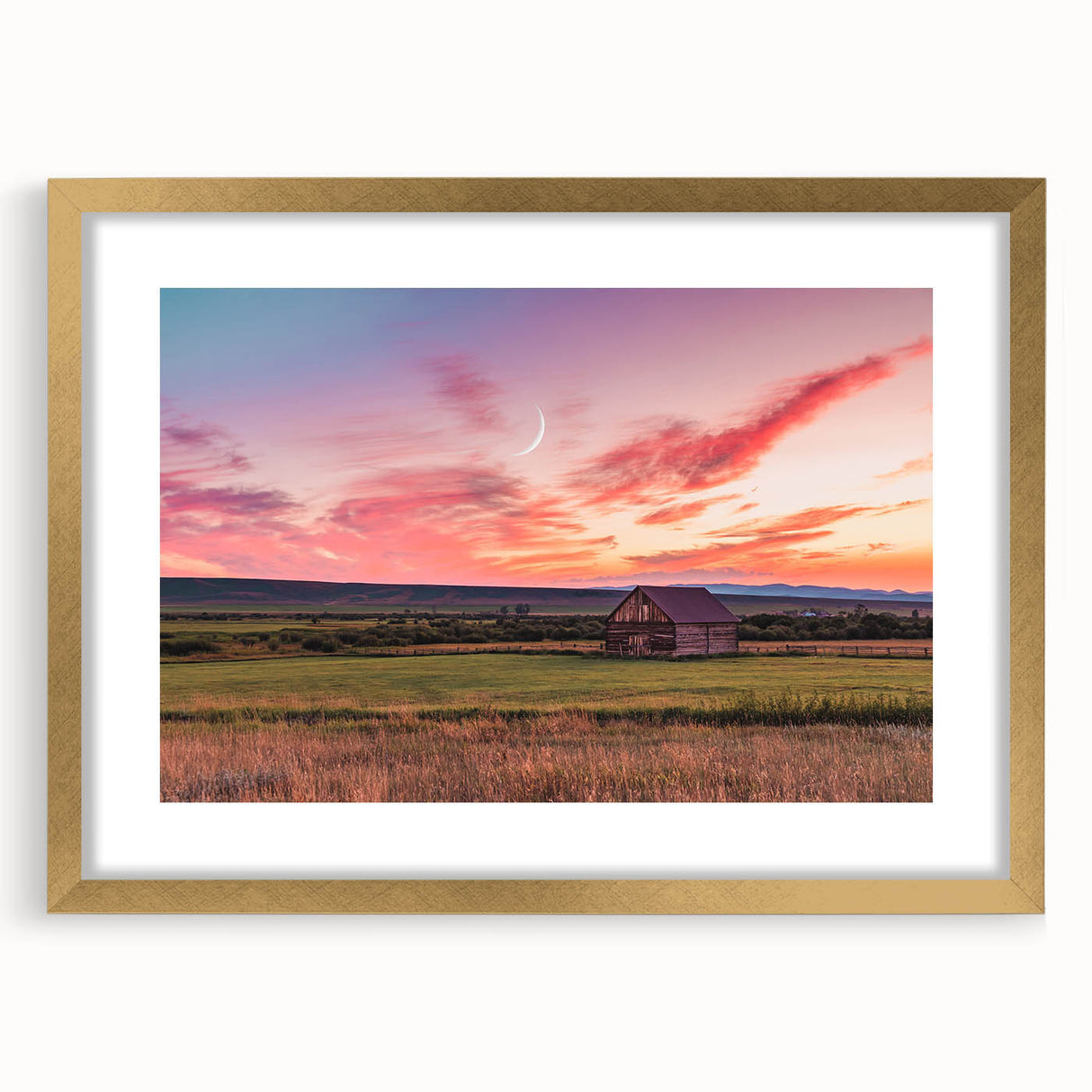 Extra large abstract art print of Montana scenery in textured style, using muted earth tones, framed in gold.