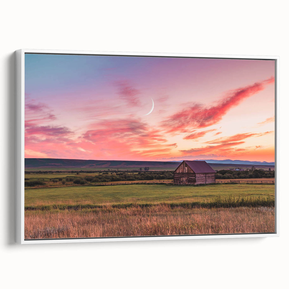 Framed canvas depicting a vintage-style Montana landscape with vibrant colors on a black background.