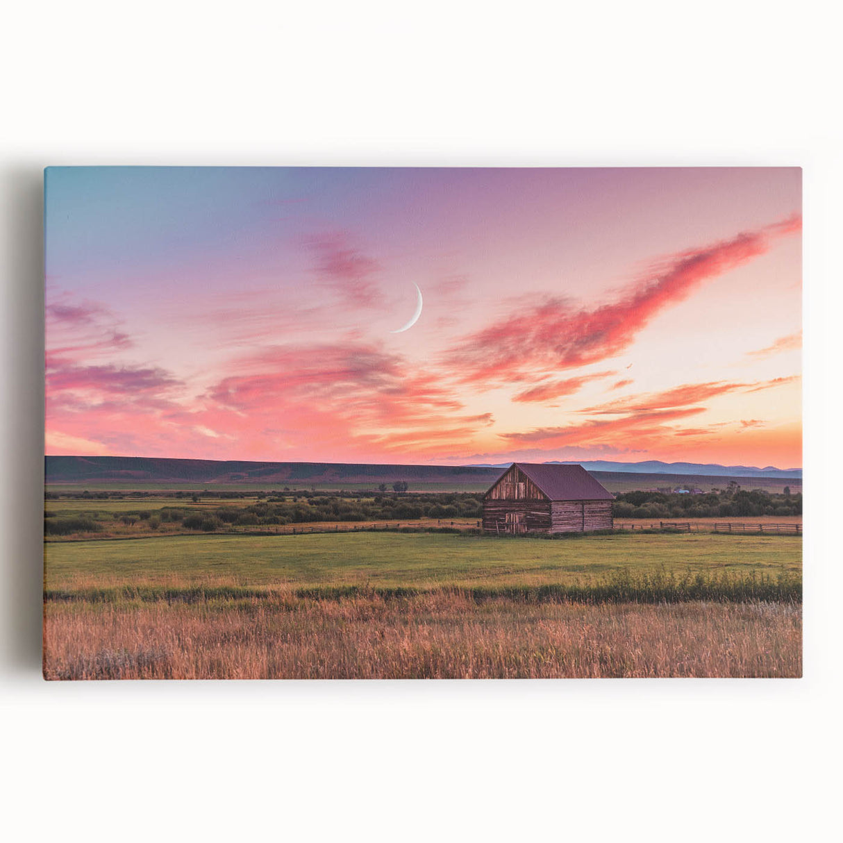 Black and white photograph on stretched canvas depicting a serene Montana landscape, ideal for kitchen art.