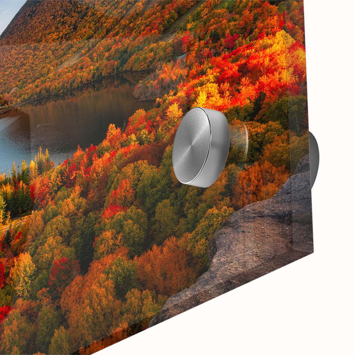 Large abstract wall art depicting a New Hampshire scenery in mid-century modernist style on acrylic glass.