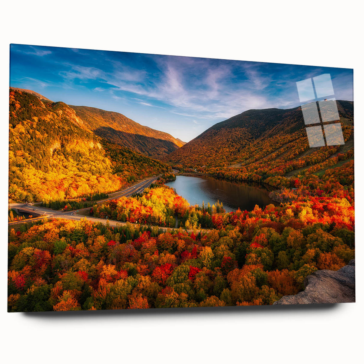 Acrylic print of a large abstract depiction of New Hampshire scenery in muted earth tones.