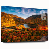 Acrylic print of a large abstract depiction of New Hampshire scenery in muted earth tones.