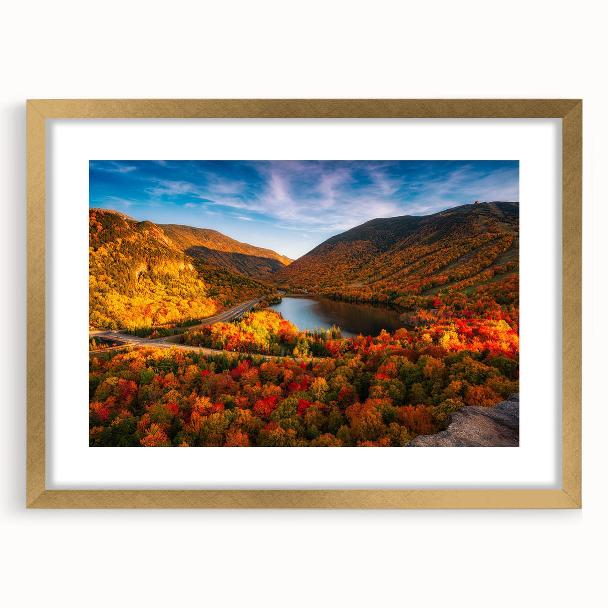 Extra large abstract art print of a textured New Hampshire scenery in muted earth tones, framed in gold.