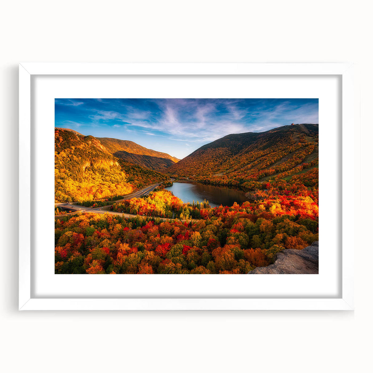 Abstract art print of New Hampshire scenery in muted earth tones, framed with a white mat, suitable for dining room decor.