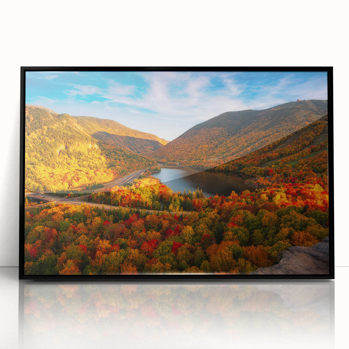 Large abstract wall art depicting a New Hampshire landscape in muted earth tones, framed in black acrylic.