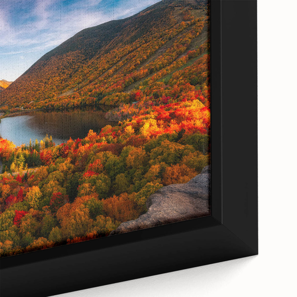 Extra large framed canvas of a textured New Hampshire scenery in black with vibrant colorful accents.