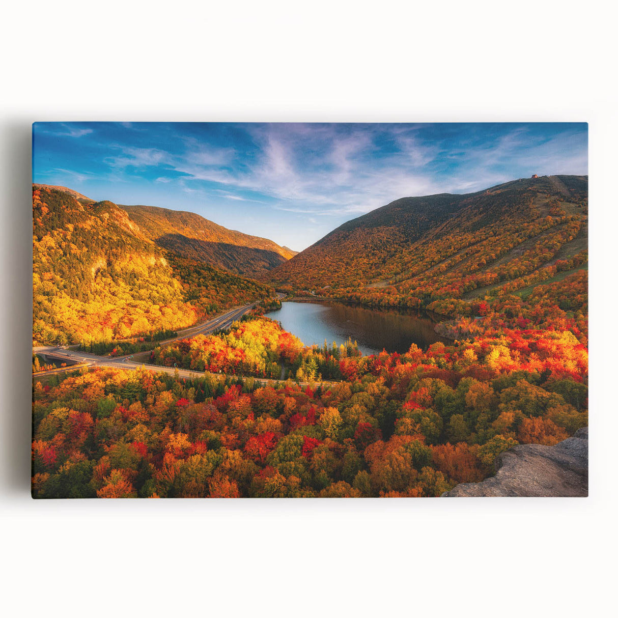 Black and white photo of New Hampshire landscape on large stretched canvas, suitable for kitchen wall art.