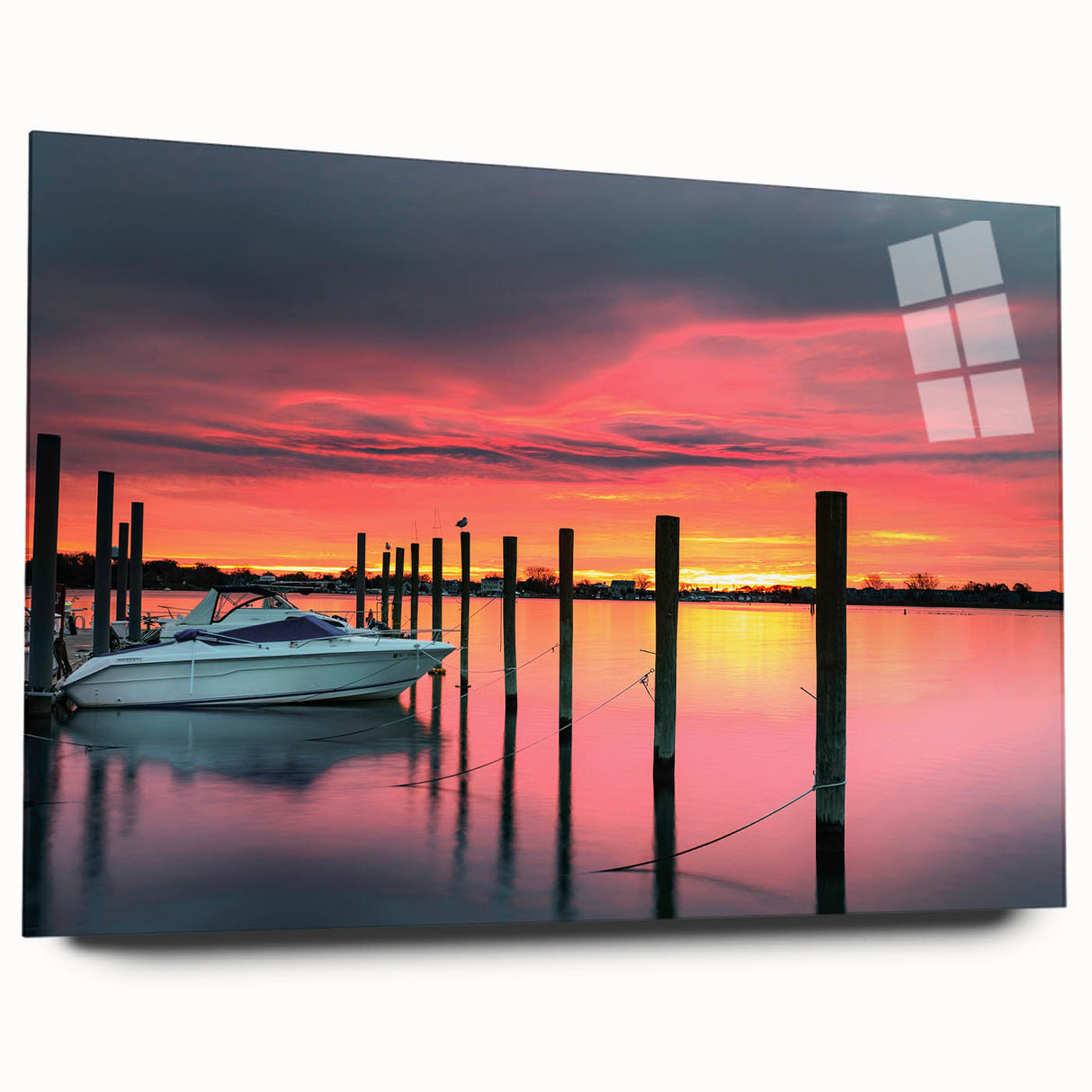 Large abstract wall art depicting the New Jersey skyline in muted blue tones on acrylic glass.