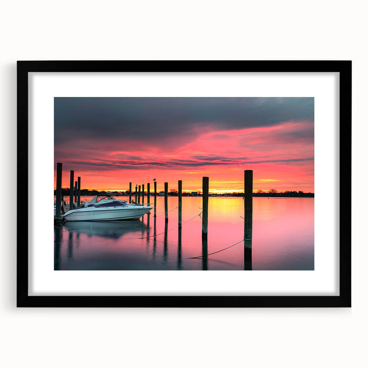 Abstract art print of colorful, textured scenery in an extra-large black framed mat, ideal for living room decor.