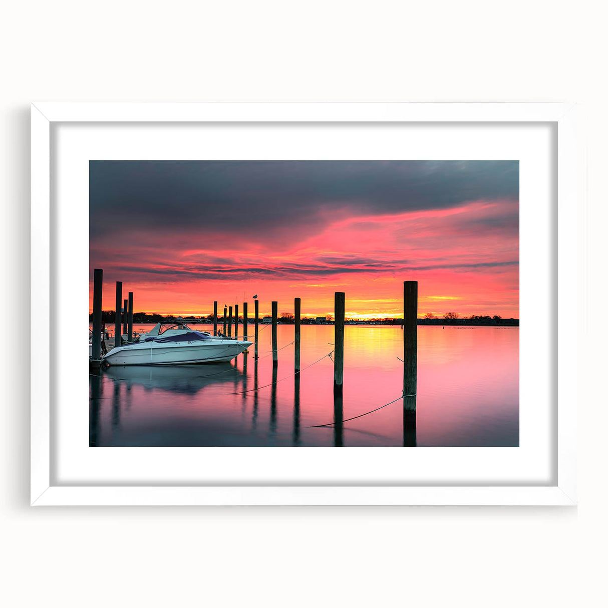 Abstract art print of New Jersey scenery in muted earth tones on a framed white mat, ideal for dining room decor.