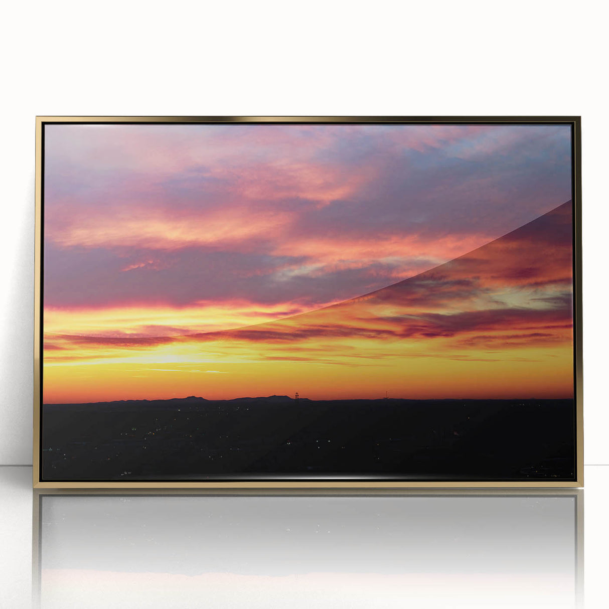 Acrylic print of Charlotte, North Carolina skyline in muted gold tones, framed, suitable for modern art wall decor.