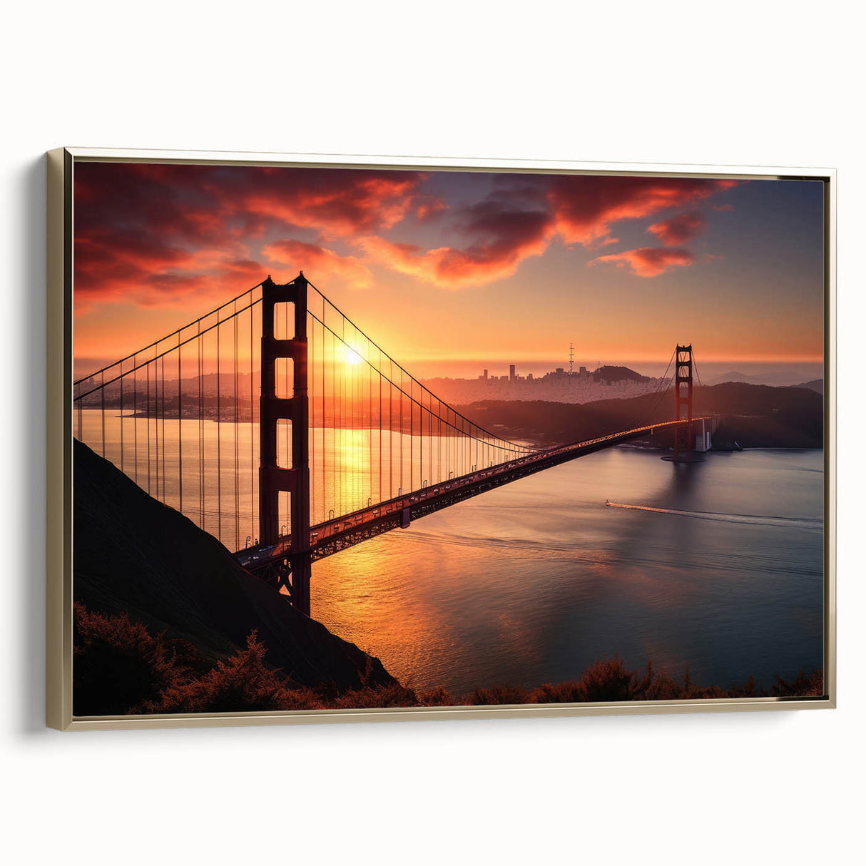 Framed canvas of the Brooklyn Bridge in black and gold, vintage poster style, ideal for bedroom wall art.