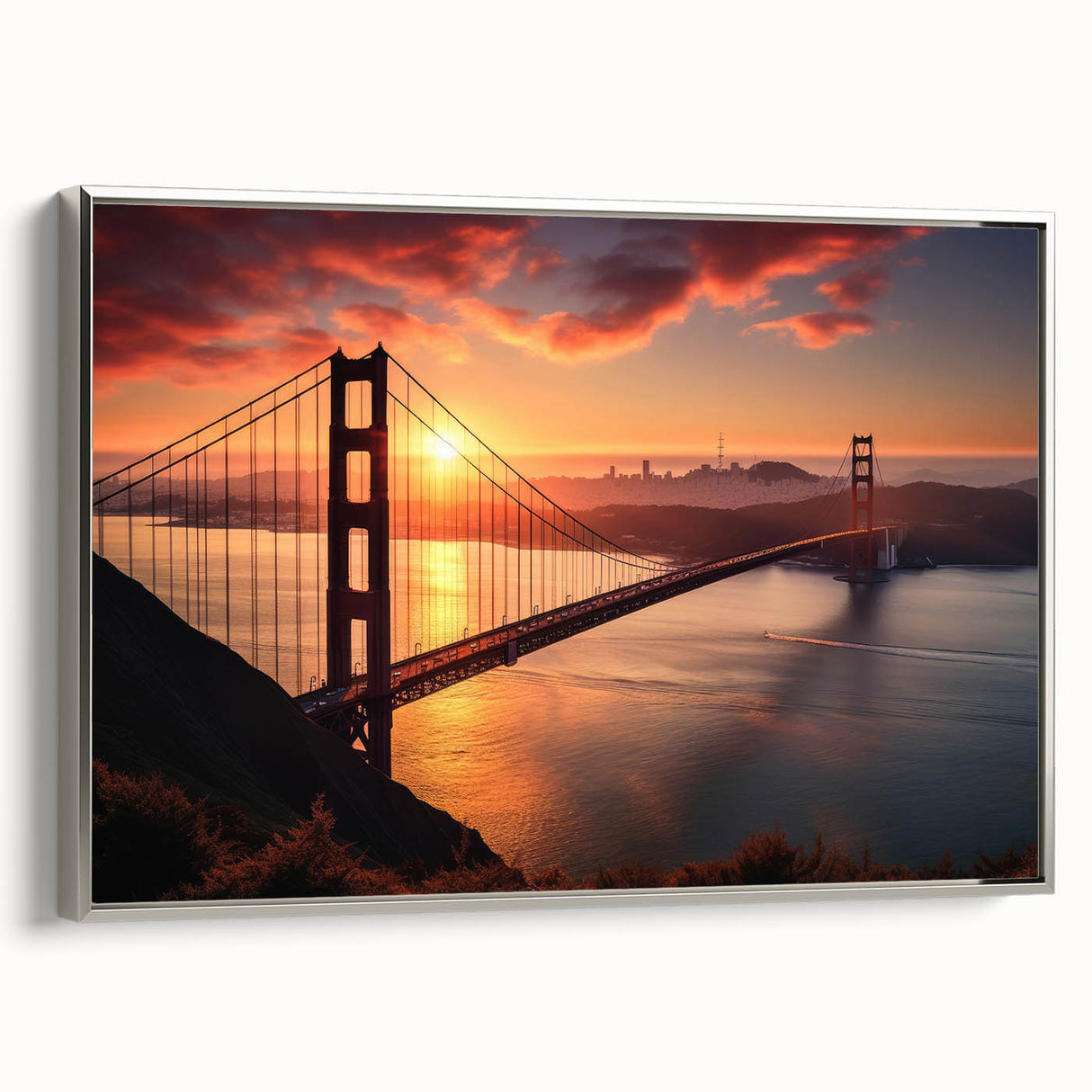 Framed canvas of the Brooklyn Bridge in a vintage poster style, featuring black and colorful art, ideal for office decor.