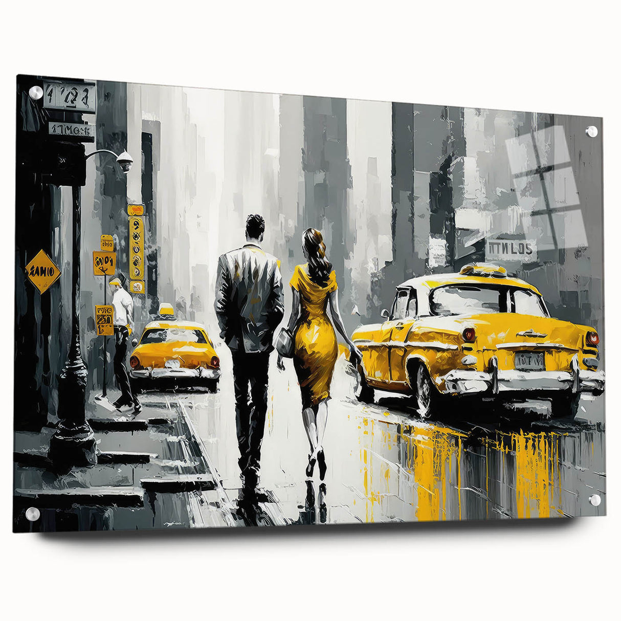 Acrylic print of a large abstract depiction of Manhattan's skyline in muted gray and blue tones.