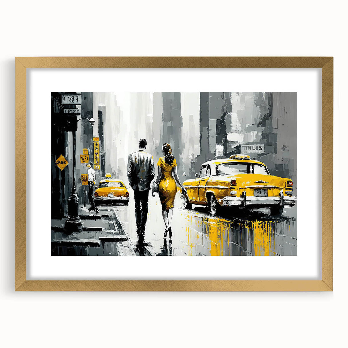 Abstract art print of Manhattan skyline in textured gold frame, in muted earth tones.