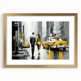 Abstract art print of Manhattan skyline in textured gold frame, in muted earth tones.