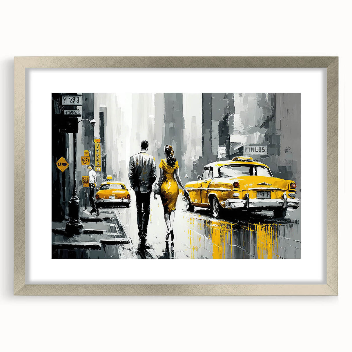 Textured art print of abstract Manhattan skyline in muted gray tones on a framed silver mat, suitable for bedroom decor.