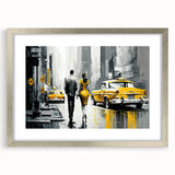 Textured art print of abstract Manhattan skyline in muted gray tones on a framed silver mat, suitable for bedroom decor.