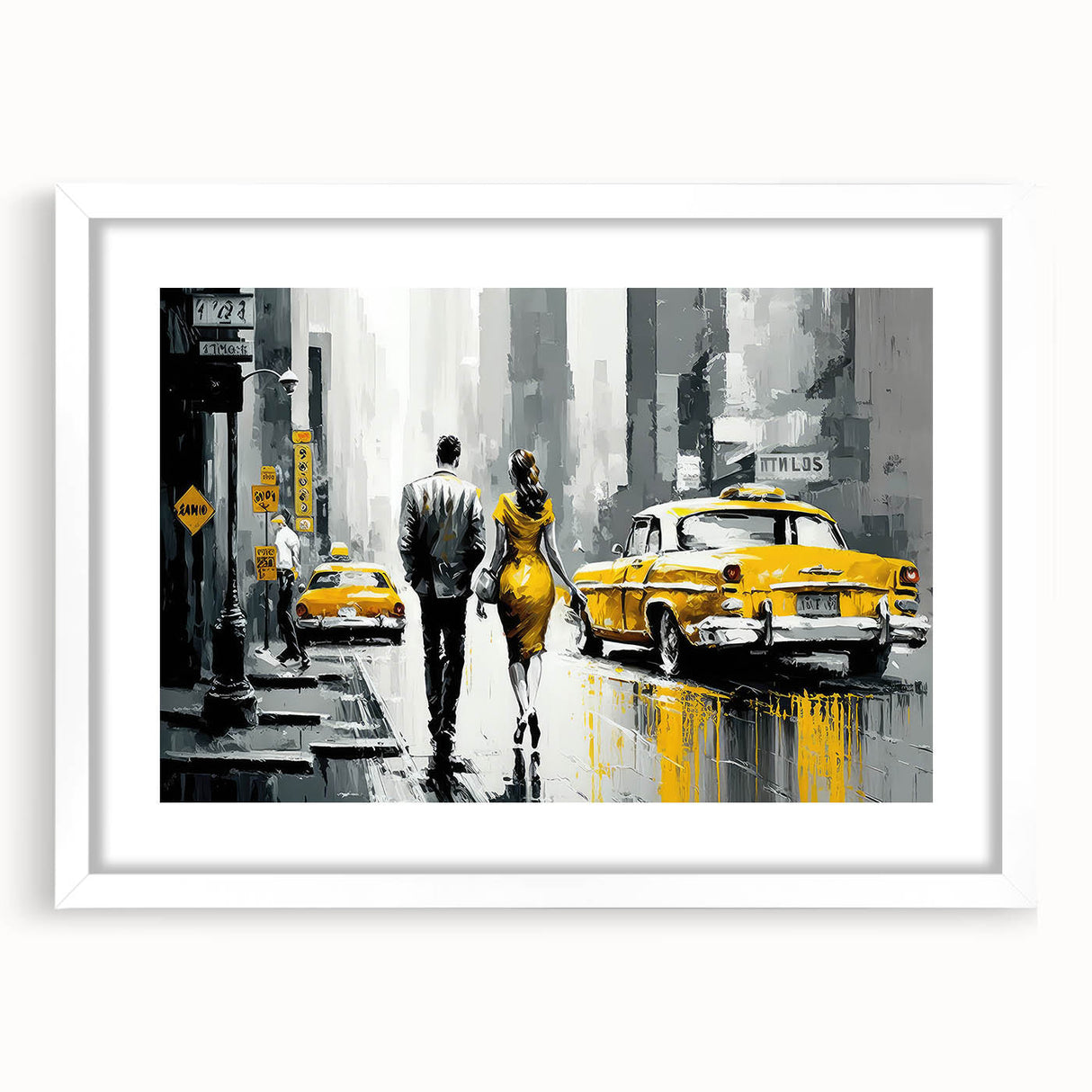 Abstract art print of Manhattan skyline in muted gray and blue tones on a framed white mat.