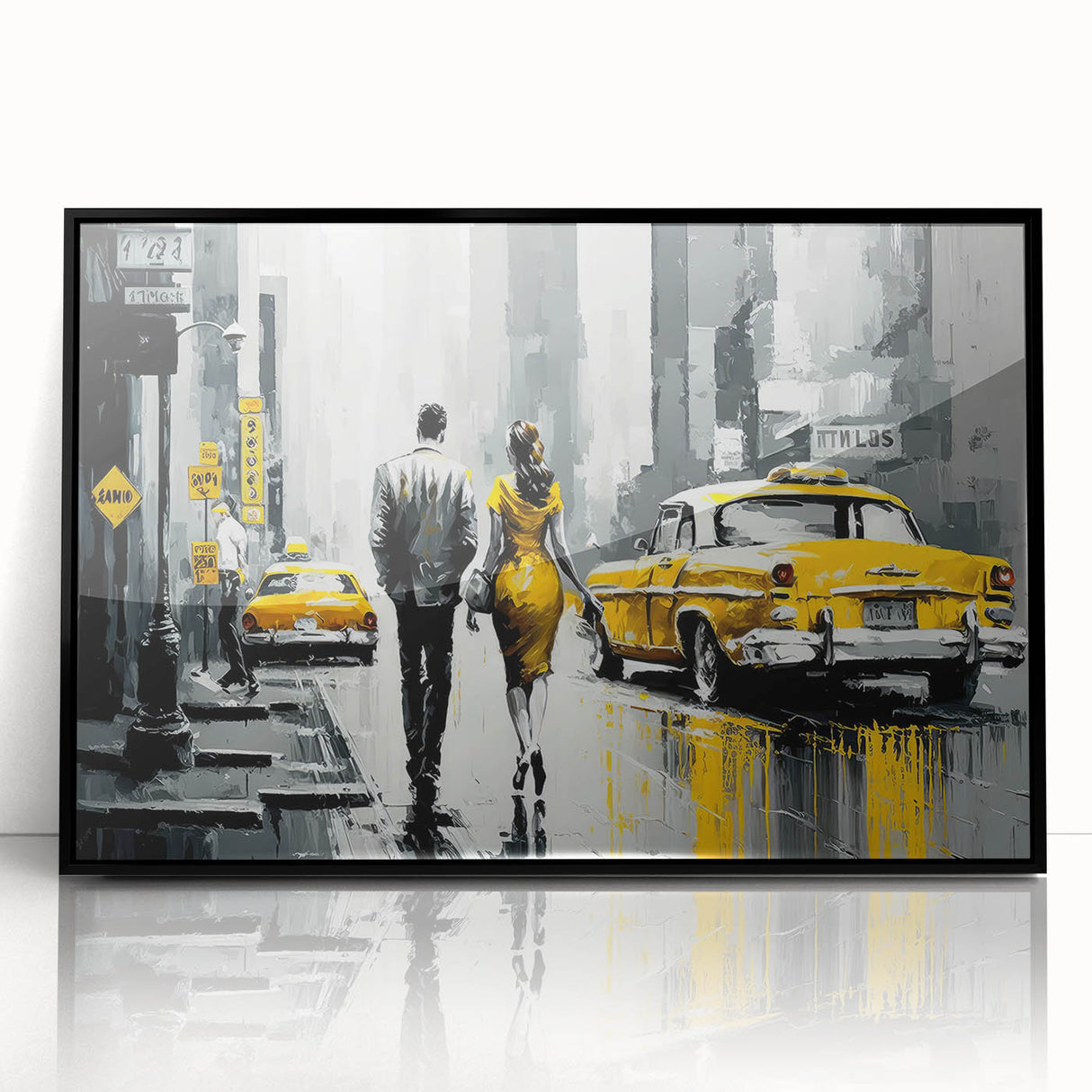 Large abstract wall art of Manhattan skyline in muted gray and blue tones on a framed acrylic.