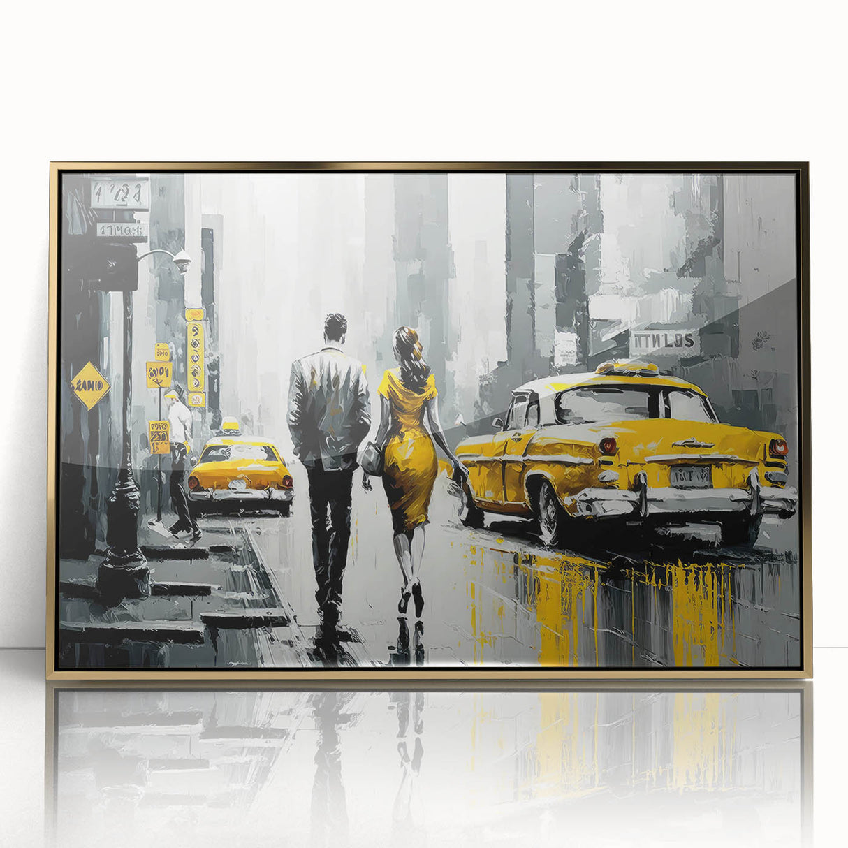 Large acrylic print of Manhattan skyline in gold and black tones, mid-century modernist style, suitable for modern decor.