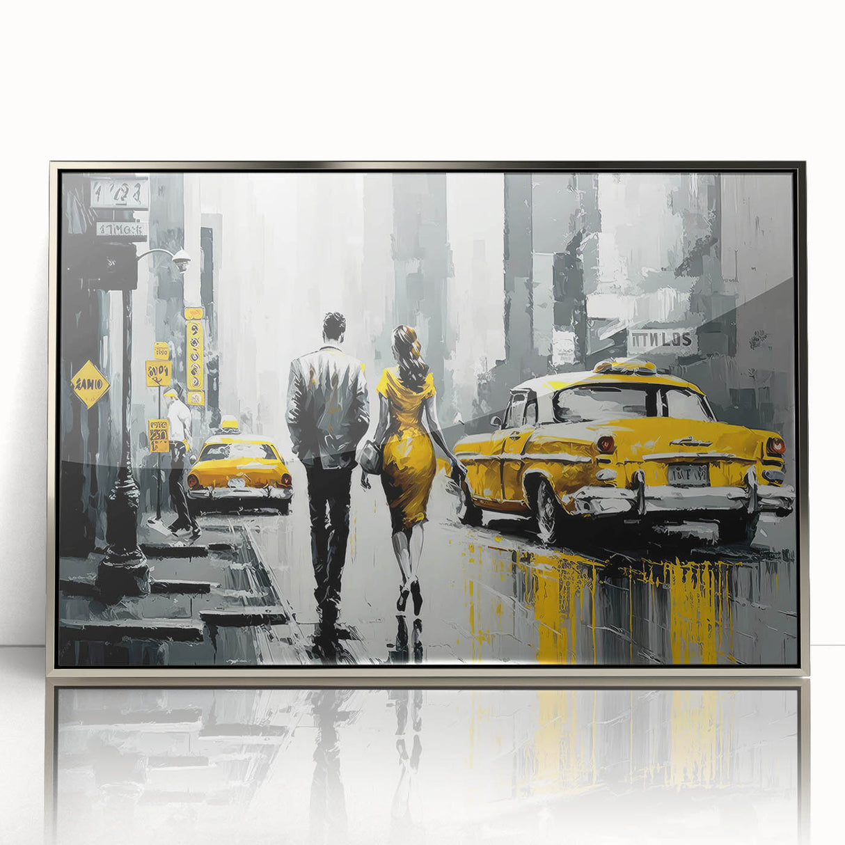 Mid-century modernist art of Manhattan skyline in silver acrylic frame, ideal for modern art wall decor.