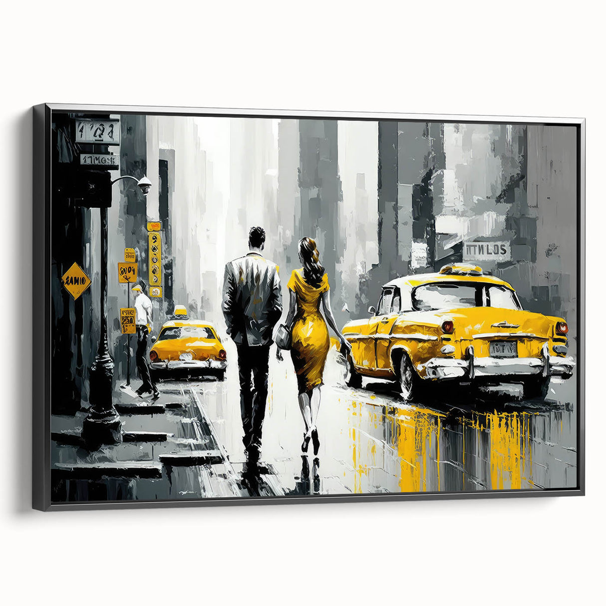 Black and white wall art featuring a vintage poster of the Manhattan skyline on framed canvas, ideal for bedroom decor.