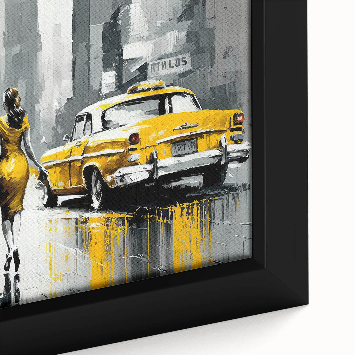 Extra large framed canvas featuring a textured depiction of Manhattan's skyline in black with colorful art accents.