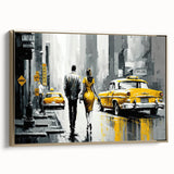 Framed canvas featuring a vintage-style Manhattan landscape in black and gold tones, ideal for bedroom wall art.