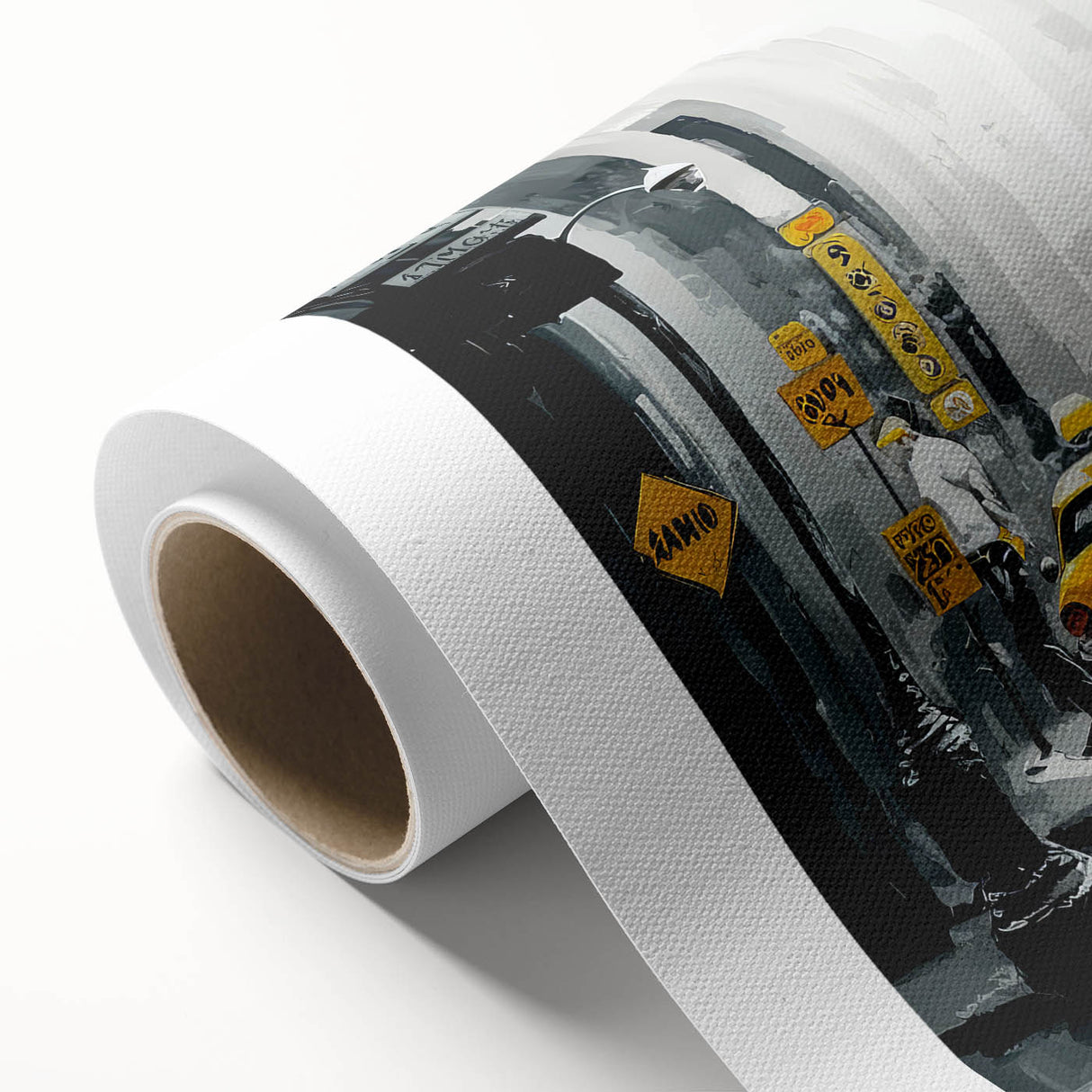 Art Deco-style New York City skyline in muted gold and black on rolled canvas, ideal for nursery wall art.