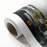 Art Deco-style New York City skyline in muted gold and black on rolled canvas, ideal for nursery wall art.