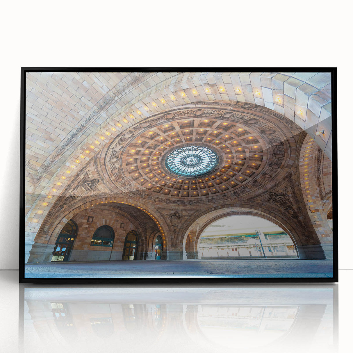 Large abstract wall art depicting the Pittsburgh skyline in muted gray and blue tones on a framed acrylic.
