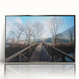 Mid-century modernist art of Vermont landscape in silver framed acrylic, featuring muted earth tones.