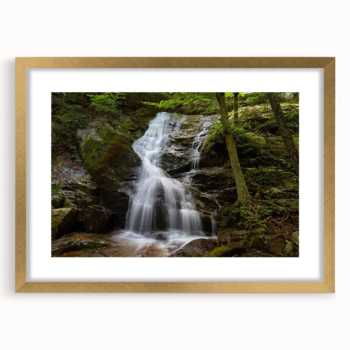 Extra large abstract art print of Virginia scenery in textured style, with gold frame and mat.