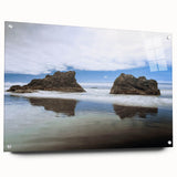 Acrylic print of the Olympic Mountains under clear skies, in soft blue and gray tones.