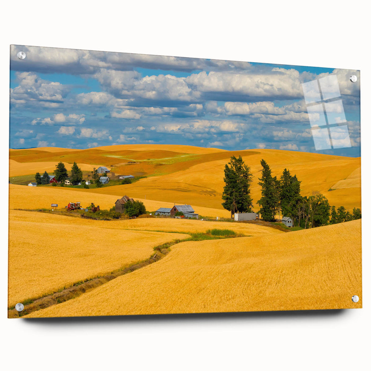 Acrylic print of a large abstract landscape featuring rolling hills in soft green and brown tones.