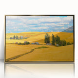 Mid-century modernist landscape of Palouse, Washington in muted earth tones, framed acrylic print.