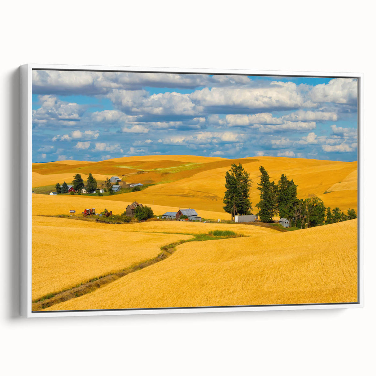 Vintage poster art of Palouse, Washington scenery on a framed canvas, with muted earth tones, ideal for living room decor.