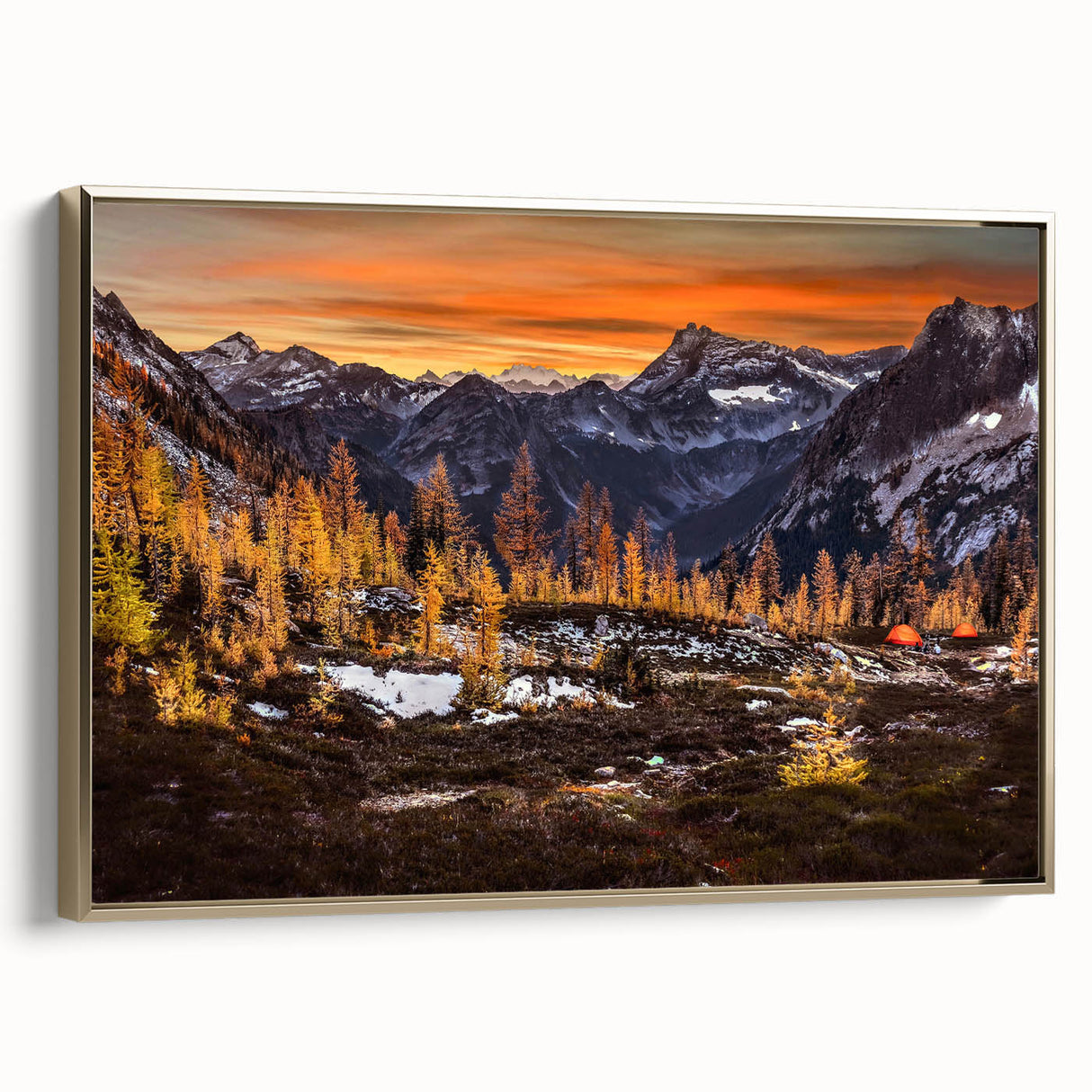 Framed canvas featuring a vintage-style Seattle landscape in black with gold accents, suitable for bedroom decor.